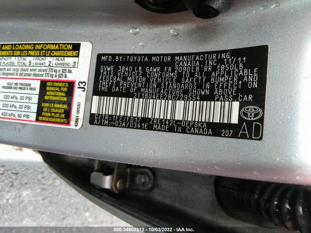 2011 TOYOTA COROLLA L/LE/S VIN: 2T1BU4EE2BC729554
