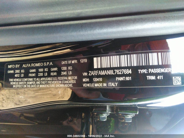2020 Alfa Romeo Giulia, VIN: ZARFAMAN8L7627684