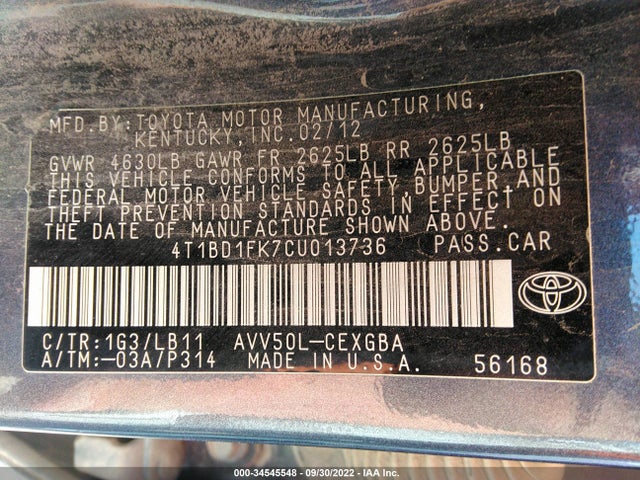 2012 TOYOTA CAMRY HYBRID XLE/LE VIN: 4T1BD1FK7CU013736