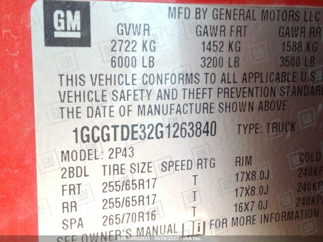 2016 Chevrolet Colorado, VIN: 1GCGTDE32G1263840