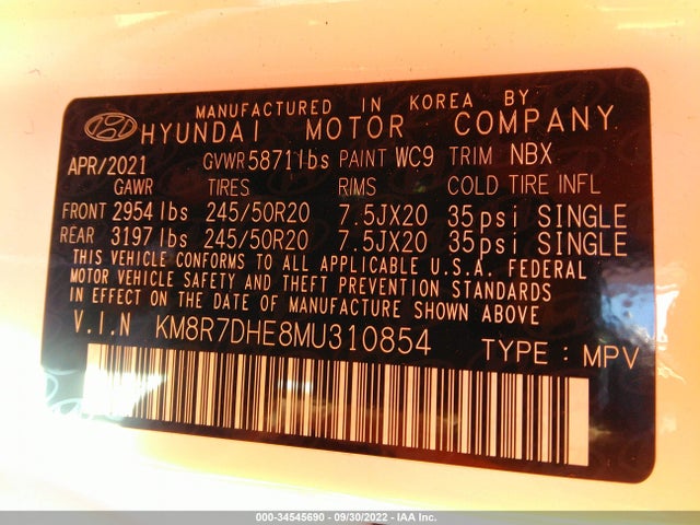 2021 Hyundai Palisade, VIN: KM8R7DHE8MU310854