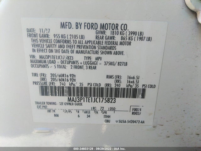 34603129 :رقم المزاد ، MAJ3P1TE1JC175823 vin ، 2018 Ford Ecosport Se مزاد بيع