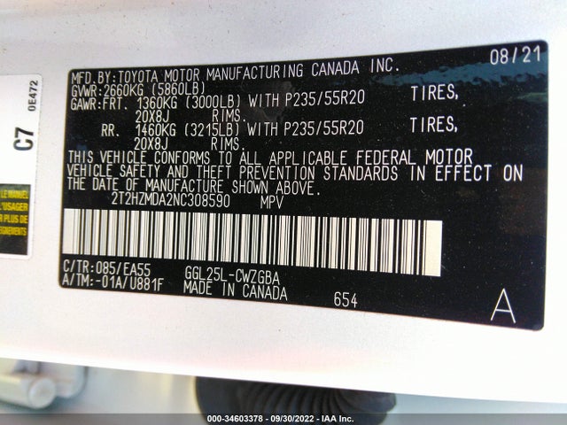 2022 Lexus RX, VIN: 2T2HZMDA2NC308590