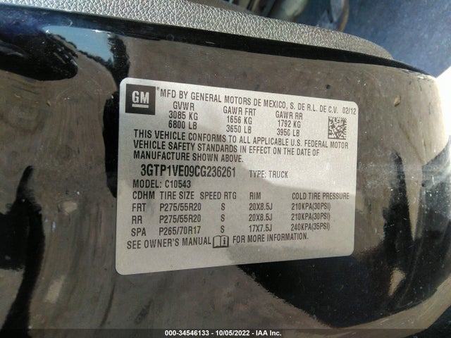 2012 GMC SIERRA 1500 SLE VIN: 3GTP1VE09CG236261