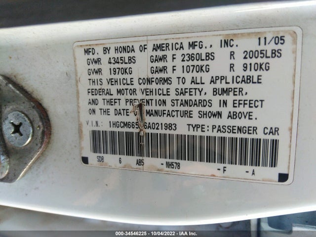 2006 HONDA ACCORD SDN EX-L V6 VIN: 1HGCM665X6A021983
