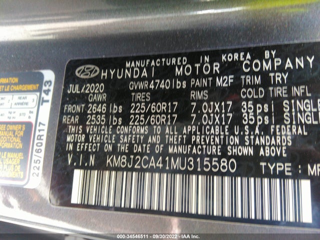 2021 Hyundai Tucson, VIN: KM8J2CA41MU315580