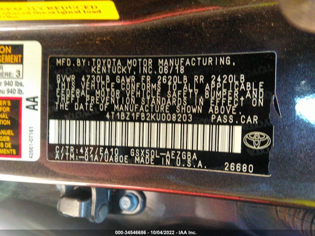 2019 Toyota Avalon, VIN: 4T1BZ1FB2KU008203