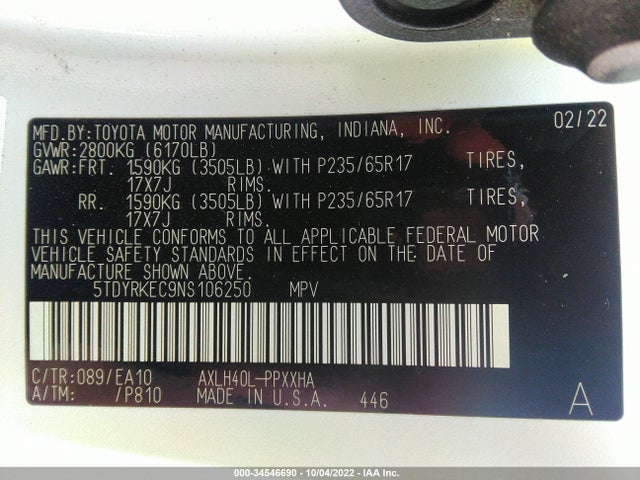 2022 Toyota Sienna, VIN: 5TDYRKEC9NS106250