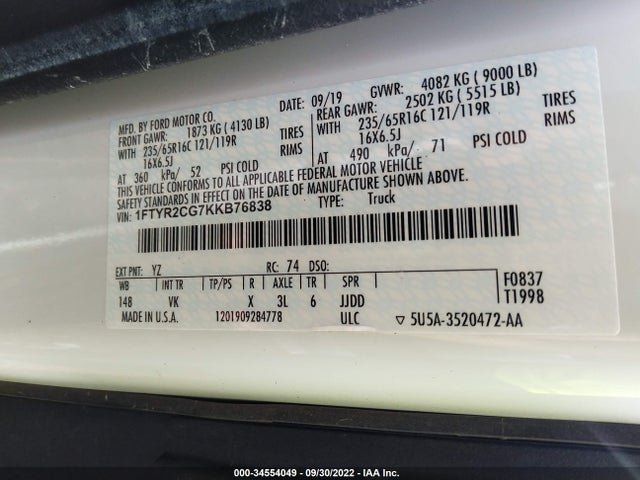2019 Ford Transit, VIN: 1FTYR2CG7KKB76838