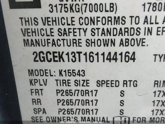 2006 CHEVROLET SILVERADO 1500 LT2 VIN: 2GCEK13T161144164