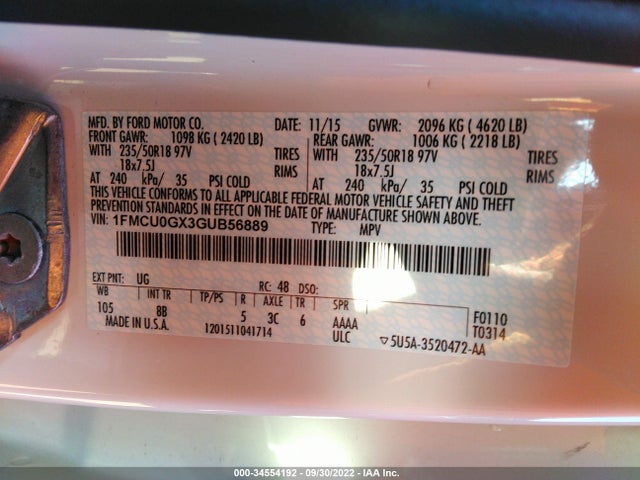 2016 Ford Escape, VIN: 1FMCU0GX3GUB56889
