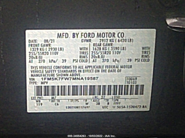 2021 Ford Explorer, VIN: 1FM5K7FW7MNA19587