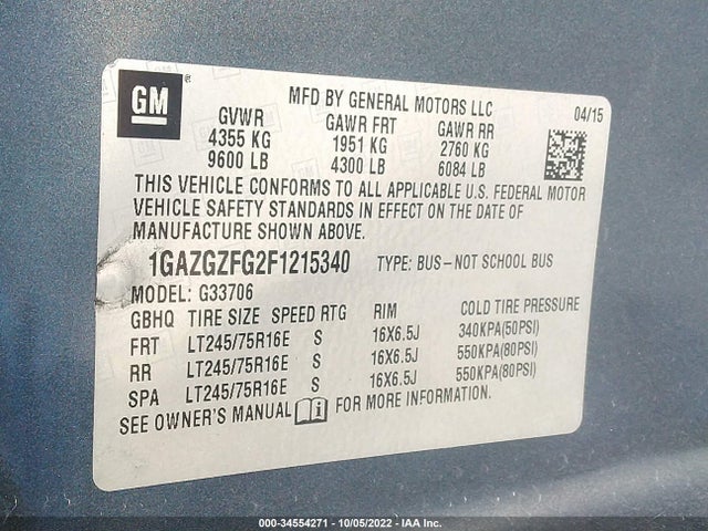 2015 Chevrolet Express, VIN: 1GAZGZFG2F1215340