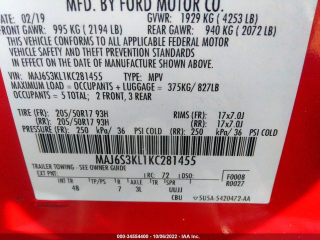 2019 Ford Ecosport, VIN: MAJ6S3KL1KC281455