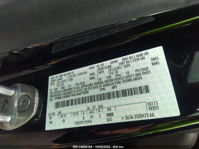 2022 Ford Escape, VIN: 1FMCU0BZ1NUA07550