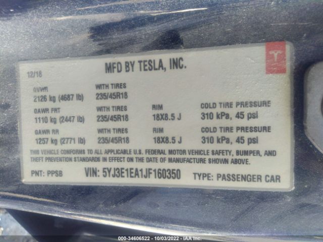 5YJ3E1EA1JF160350 Tesla Model 3 Long Range/mid Range