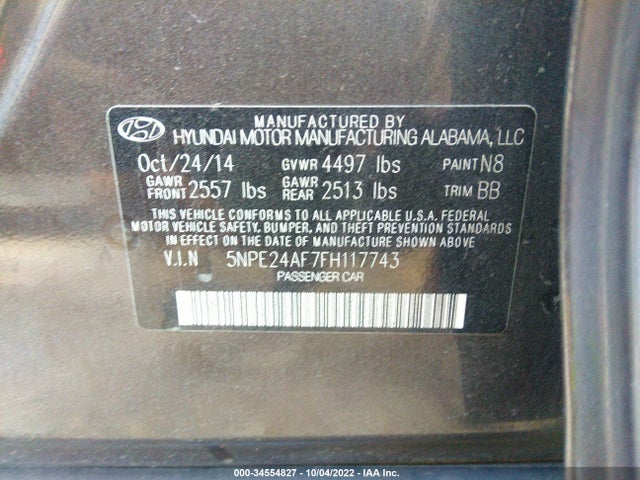 2015 HYUNDAI SONATA 2.4L SE VIN: 5NPE24AF7FH117743