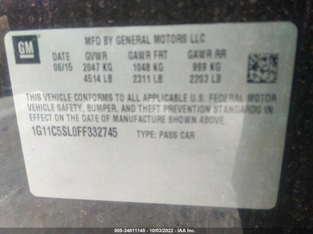 2015 CHEVROLET MALIBU LT VIN: 1G11C5SL0FF332745