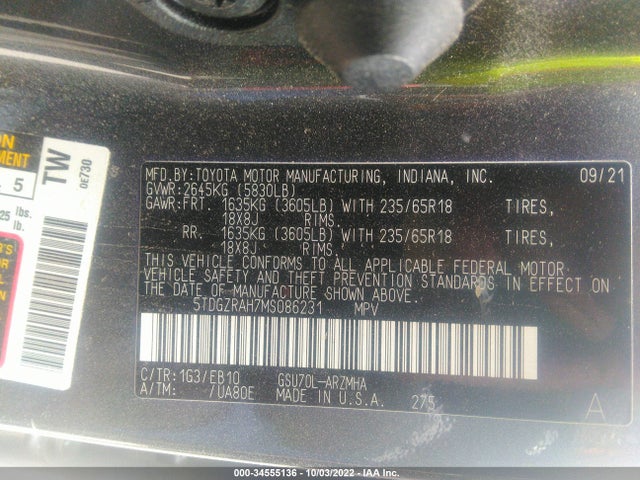 Toyota Highlander Xle 2021 5TDGZRAH7MS086231 Image 9