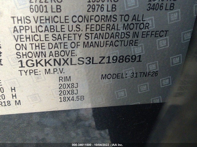 2020 GMC ACADIA DENALI VIN: 1GKKNXLS3LZ198691