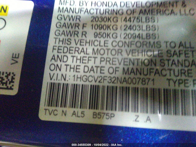 2022 Honda Accord, VIN: 1HGCV2F32NA007871