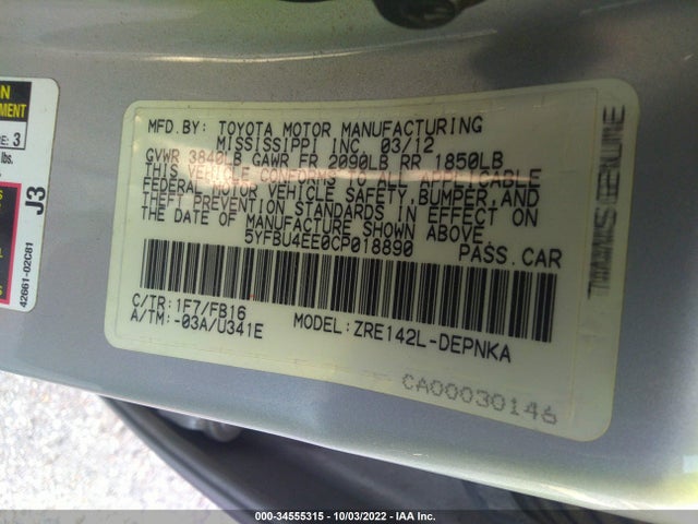 2012 TOYOTA COROLLA L/LE/S VIN: 5YFBU4EE0CP018890