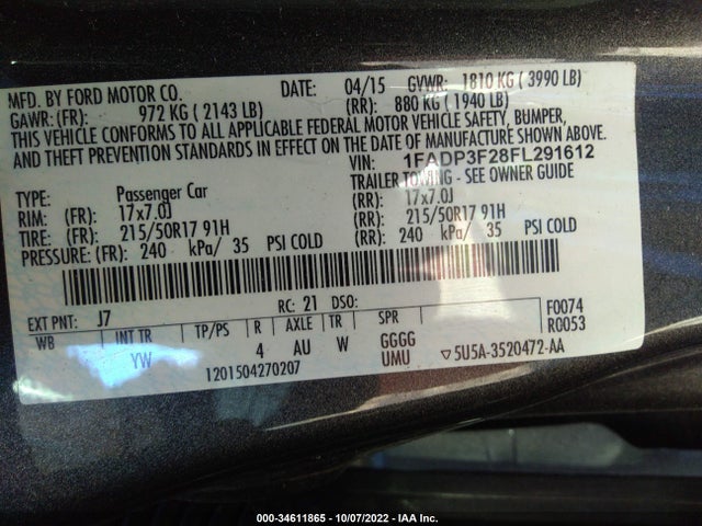 2015 FORD FOCUS SE VIN: 1FADP3F28FL291612