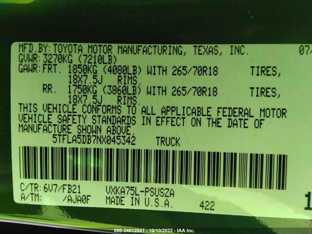 2022 Toyota Tundra, VIN: 5TFLA5DB7NX045342