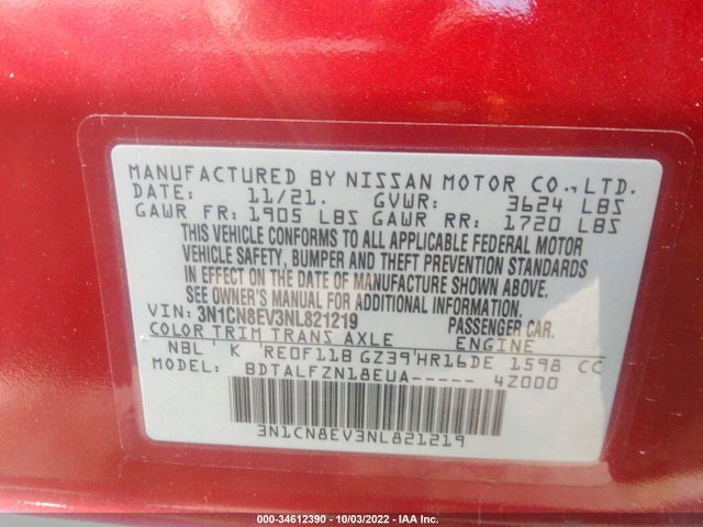 2022 Nissan Versa, VIN: 3N1CN8EV3NL821219