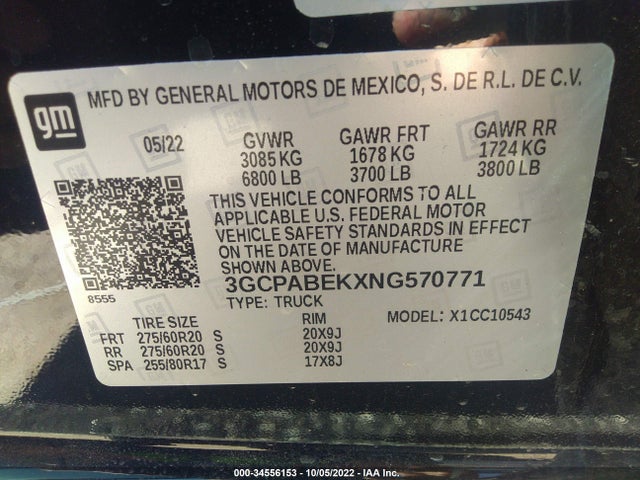 2022 CHEVROLET SILVERADO 1500 CUSTOM VIN: 3GCPABEKXNG570771