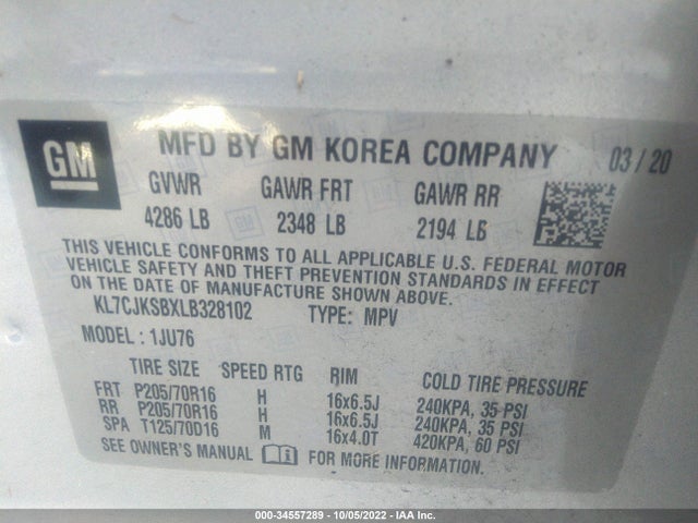 2020 CHEVROLET TRAX LS VIN: KL7CJKSBXLB328102