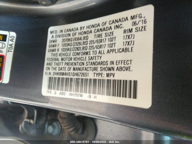 2016 Honda CR-V, VIN: 2HKRM4H51GH672651