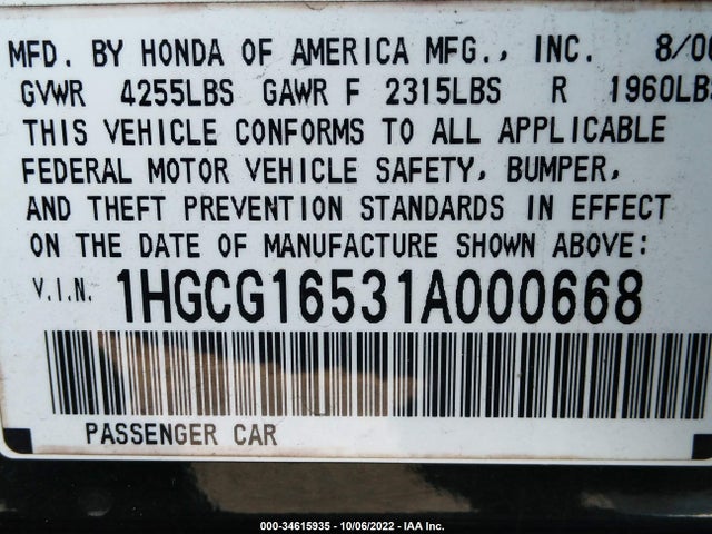 2001 HONDA ACCORD SDN EX W/LEATHER VIN: 1HGCG16531A000668