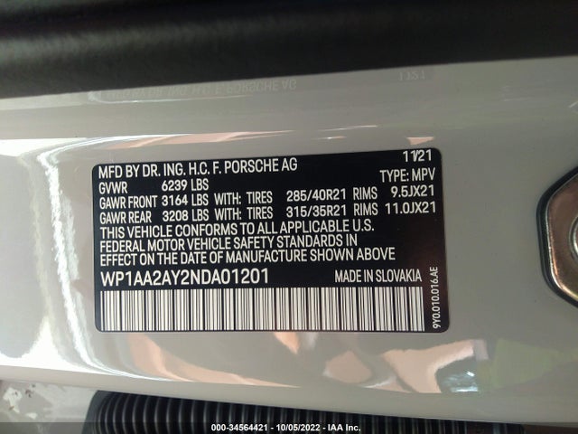 2022 Porsche Cayenne, VIN: WP1AA2AY2NDA01201