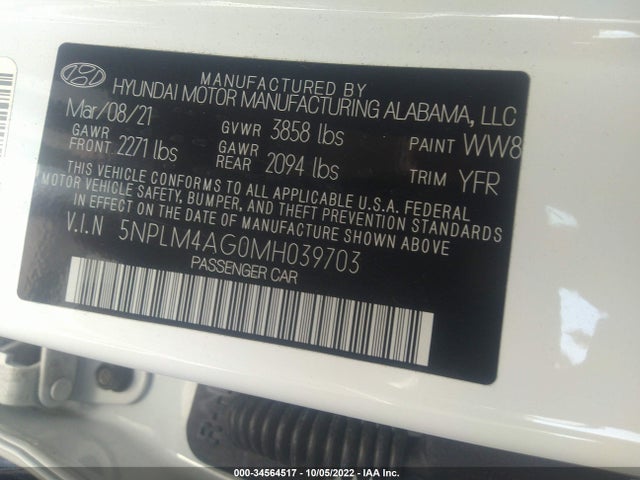 2021 HYUNDAI ELANTRA SEL VIN: 5NPLM4AG0MH039703