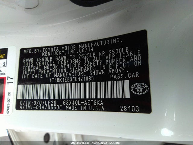 2014 TOYOTA AVALON LIMITED VIN: 4T1BK1EB3EU121085