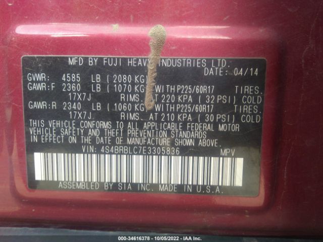 4S4BRBLC7E3305836 Subaru Outback 2.5i Limited