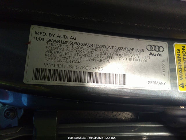 2007 AUDI A4 3.2L VIN: WAUDH48H57K023667