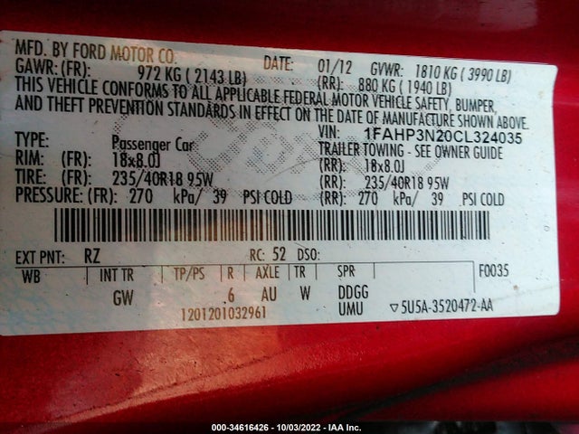 2012 FORD FOCUS TITANIUM VIN: 1FAHP3N20CL324035