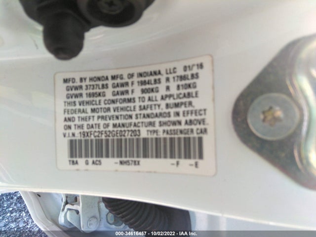 2016 HONDA CIVIC SEDAN LX VIN: 19XFC2F52GE027203