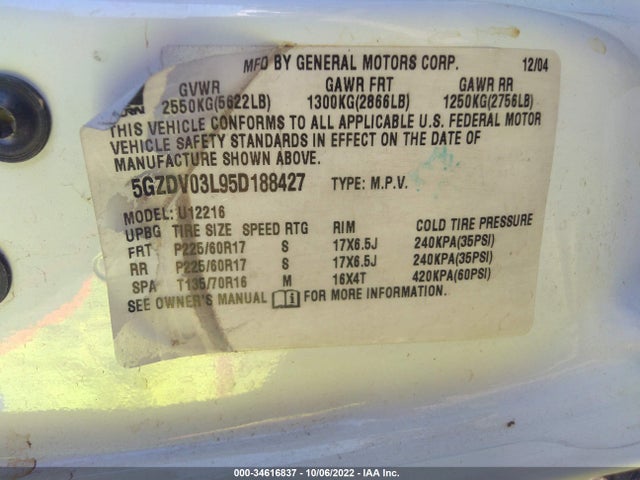 2005 SATURN RELAY VIN: 5GZDV03L95D188427
