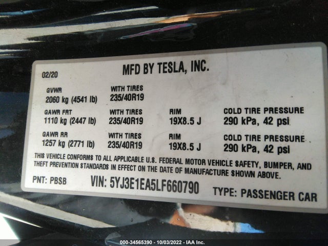 Tesla Model 3 Standard Range 2020 5YJ3E1EA5LF660790 Image 10