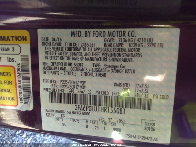 2017 Ford Fusion, VIN: 3FA6P0LU1HR155081