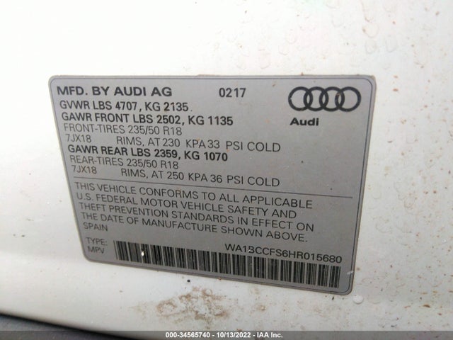 2017 AUDI Q3 PREMIUM VIN: WA1BCCFS6HR015680