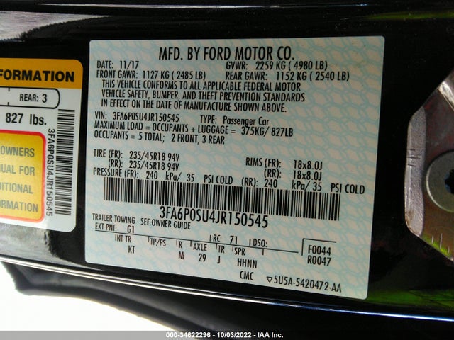 2018 Ford Fusion, VIN: 3FA6P0SU4JR150545