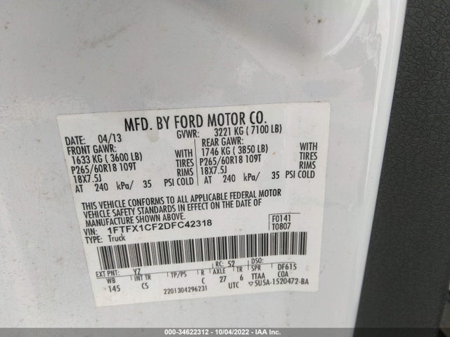 2013 FORD F-150 XL/STX/XLT/FX2/LARIAT VIN: 1FTFX1CF2DFC42318