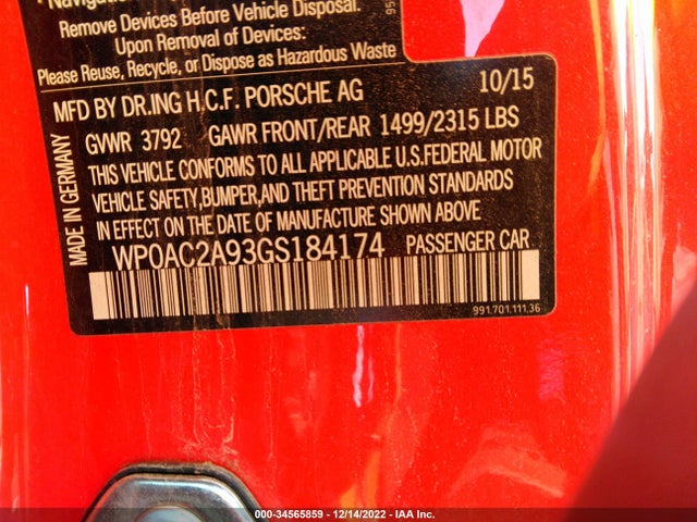 2016 Porsche 911, VIN: WP0AC2A93GS184174