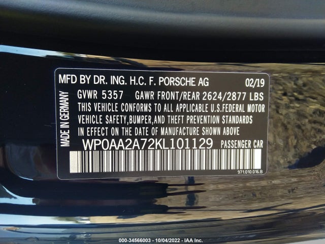 2019 Porsche Panamera, VIN: WP0AA2A72KL101129