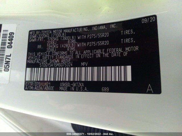 2021 Toyota Sequoia, VIN: 5TDGY5A15MS075324