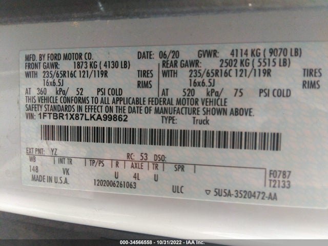 2020 Ford Transit, VIN: 1FTBR1X87LKA99862